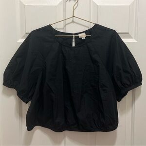 Black Cropped Top Blouse With Puffy Cinched Sleeves and Waistband | Size XXL